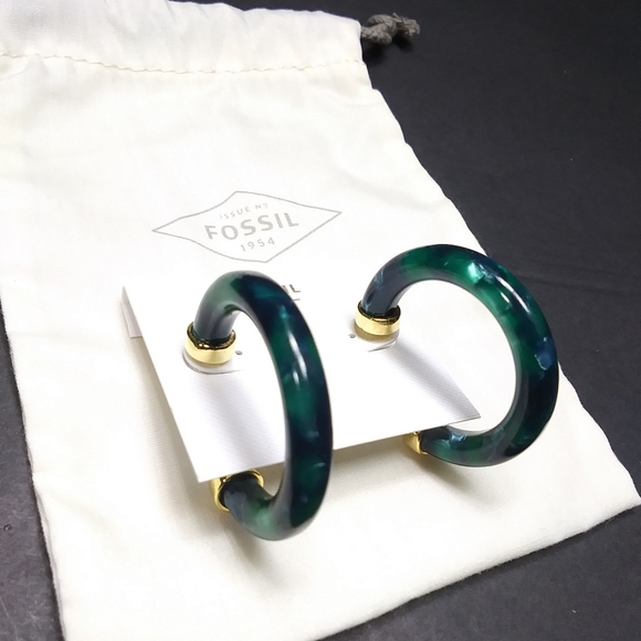 FOSSIL Green "Marble" Post Hoops w/ Gold Accents NWT - Picture 4 of 12